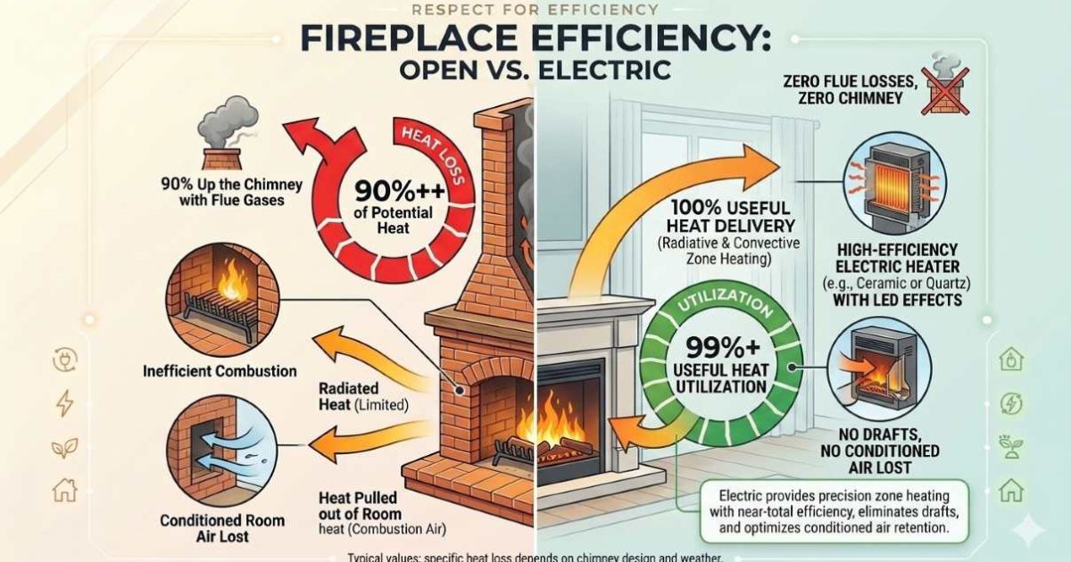 electric fireplace heating single room zone heating concept modern living room
