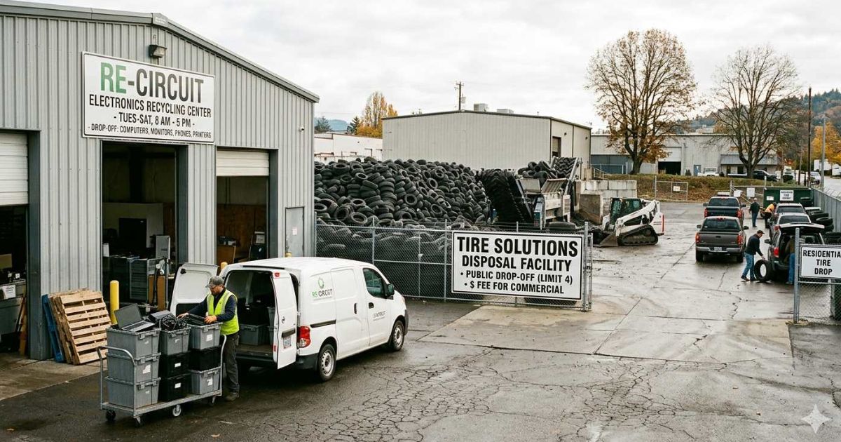 Pile of electronics and tires at recycling center, e-waste disposal and tire recycling at Louisville waste facility"