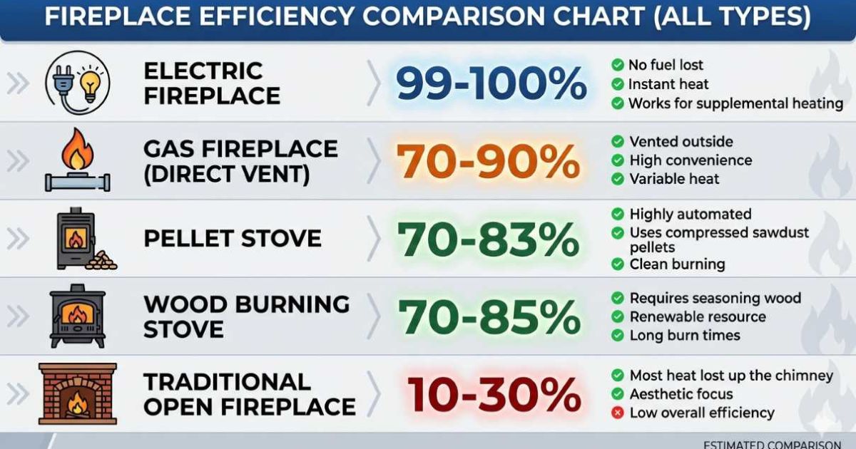 fireplace efficiency comparison chart electric gas wood pellet stove table
