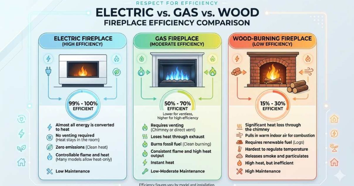 electric vs gas vs wood fireplace energy efficiency comparison chart infographic