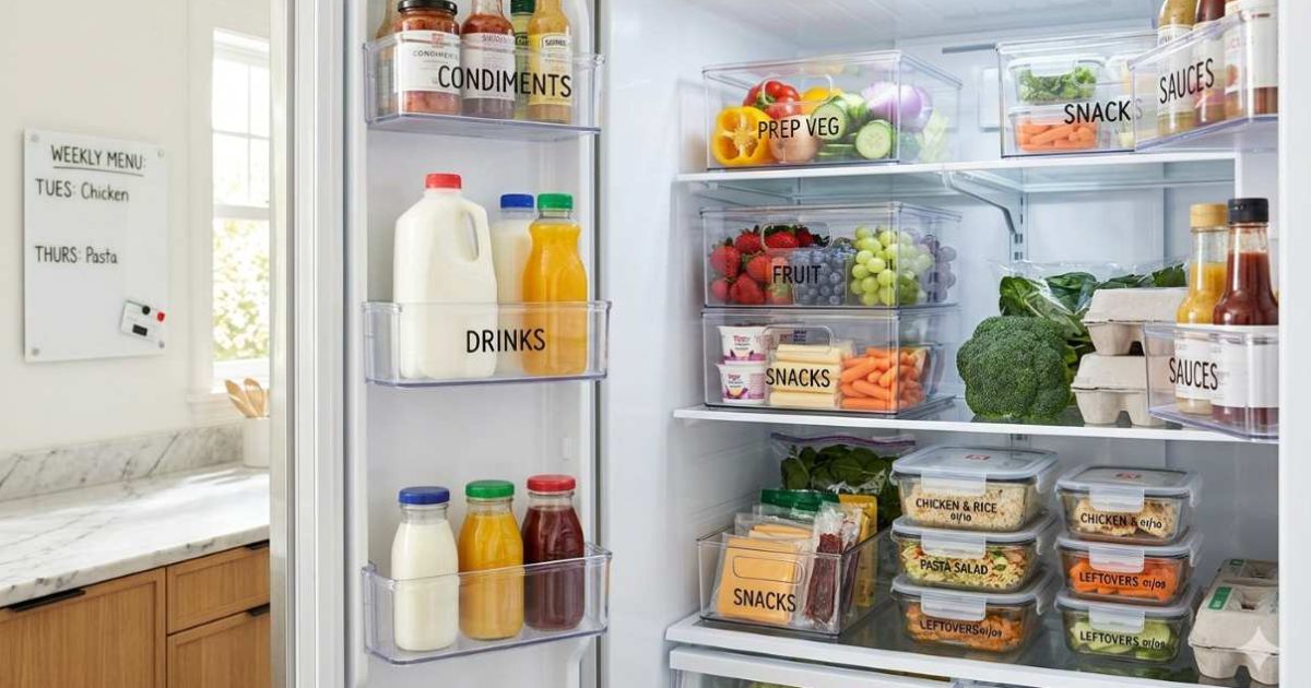 Organized refrigerator with clear containers and labeled shelves, proper food storage to extend freshness"