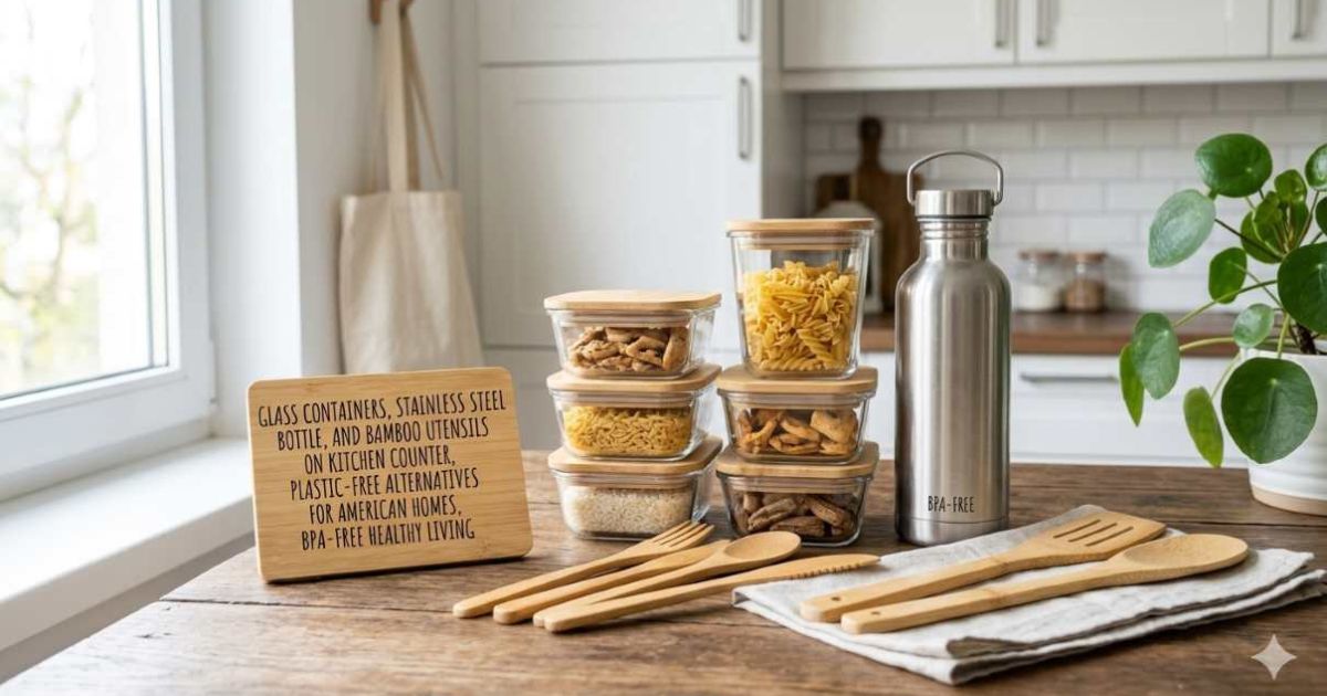 "Glass containers, stainless steel bottle, and bamboo utensils on kitchen counter, plastic-free alternatives for American homes, BPA-free healthy living"