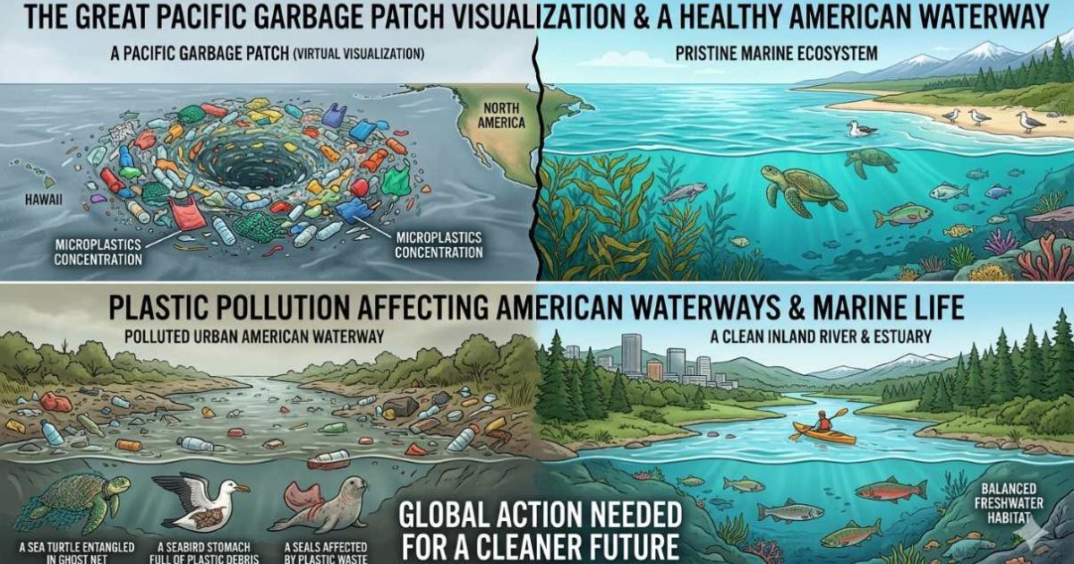 "Great Pacific Garbage Patch visualization or clean ocean vs polluted ocean comparison, plastic pollution affecting American waterways and marine life"
