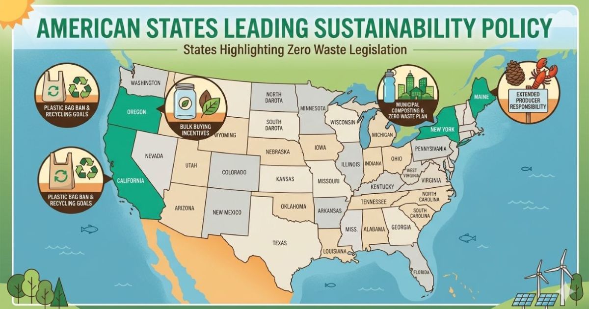 "Map of United States highlighting California, Maine, Oregon, New York with zero waste legislation icons, American states leading sustainability policy"