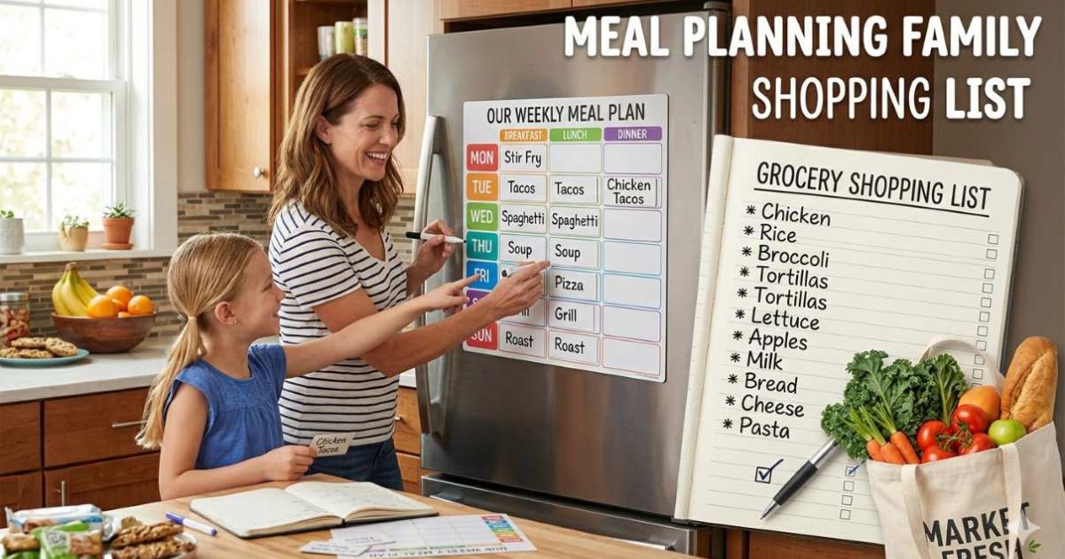 Family meal planning at kitchen table with grocery list and fresh vegetables, planning meals to reduce food waste