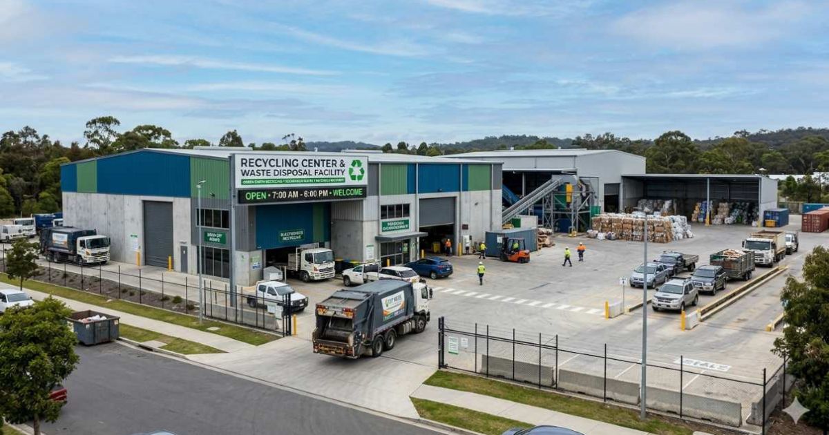 Modern waste reduction center exterior with recycling bins and disposal area, clean facility for sustainable waste management"