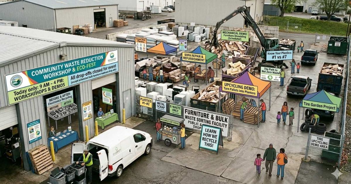 Community volunteers at recycling education event learning about waste reduction, Louisville kNOw Waste program