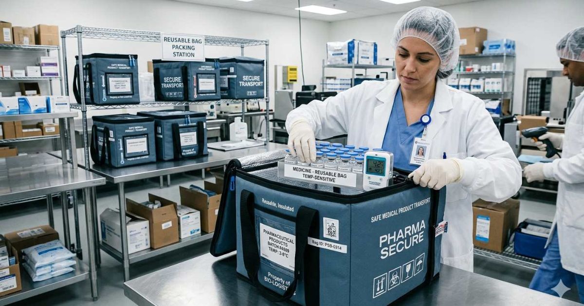 Stack of clean, medical-grade reusable bags in a pharmaceutical storage facility