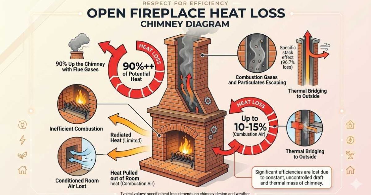traditional open fireplace losing heat through chimney diagram energy loss illustration
