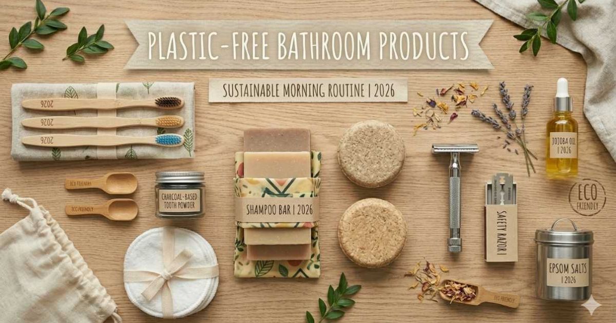 Plastic-free bathroom products including bamboo toothbrush, shampoo bars, and safety razor