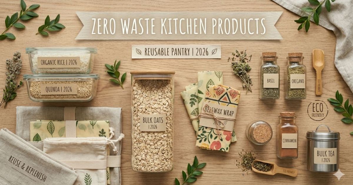 zero waste kitchen setup with glass containers, beeswax wraps, and reusable produce bags