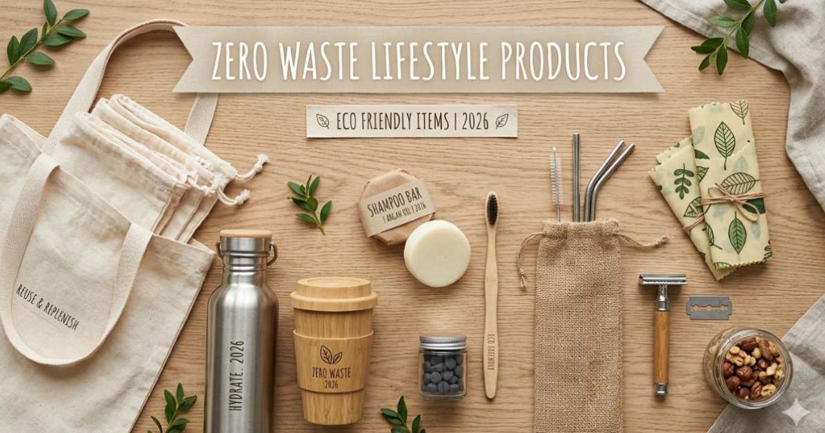 aollection of zero waste lifestyle products including glass jars, bamboo items, and reusable bags