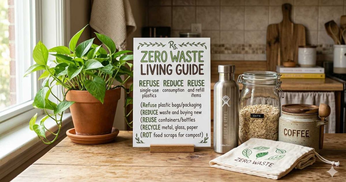 7 Rs zero waste living guide with reusable bottle cloth bag glass jars and indoor plant for eco-friendly home

