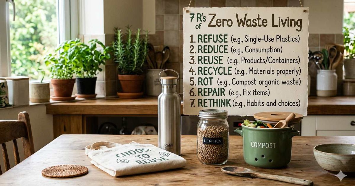7 R's of zero waste living with reusable bottle cloth bag glass jar and compost bin on table

