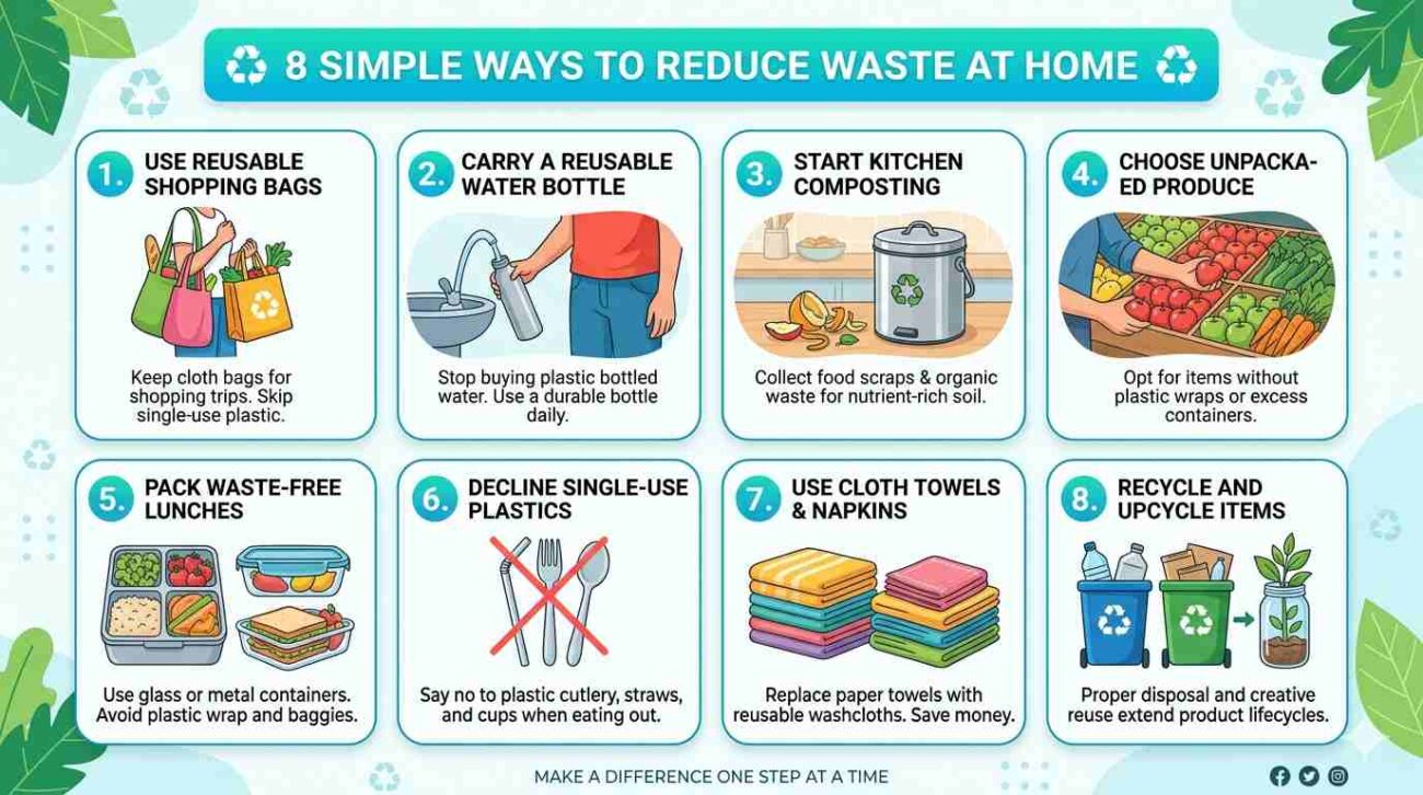 8 ways to reduce waste at home including reusable bags, water bottle, and kitchen composting bin

