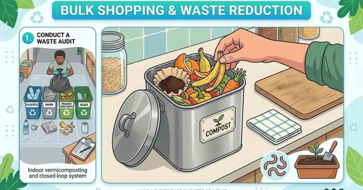 Small countertop compost bin collecting fruit peels, coffee grounds, and vegetable scraps for indoor composting