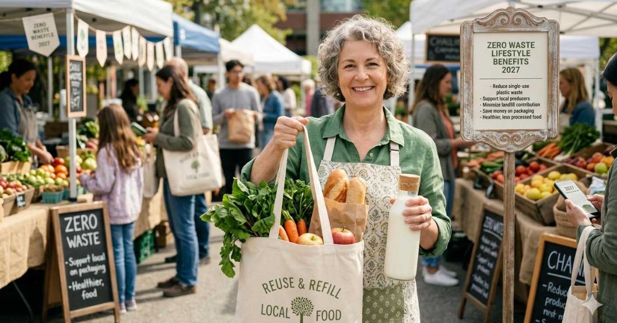 Person holding reusable shopping bag and glass bottle, zero waste lifestyle benefits 2027