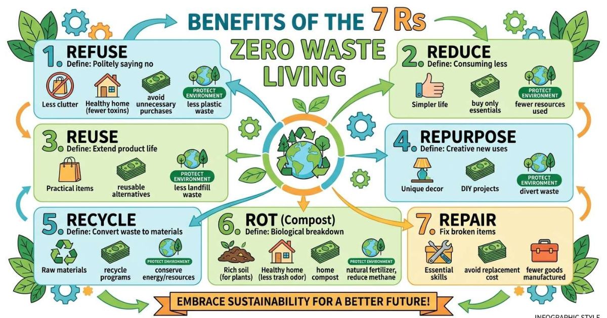 Benefits of 7 Rs zero waste living showing healthy home save money and protect environment infographic style

