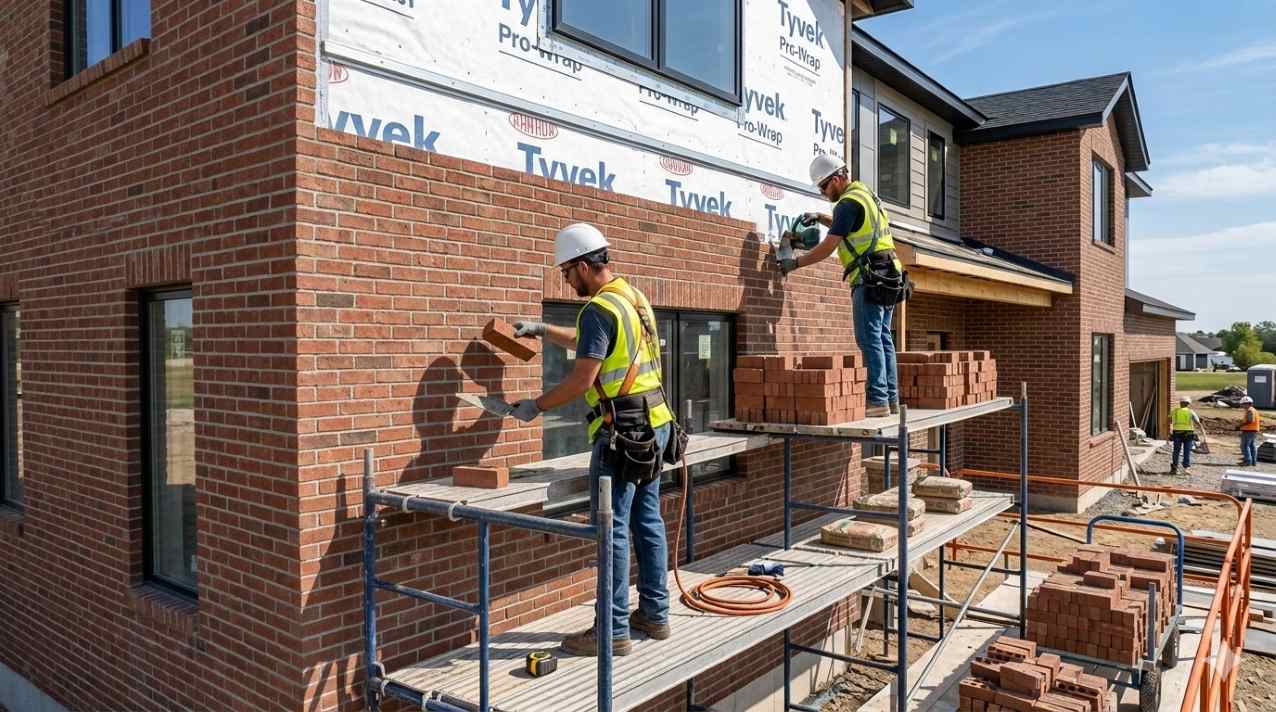 Brick veneer exterior wall material type on a traditional two story home
