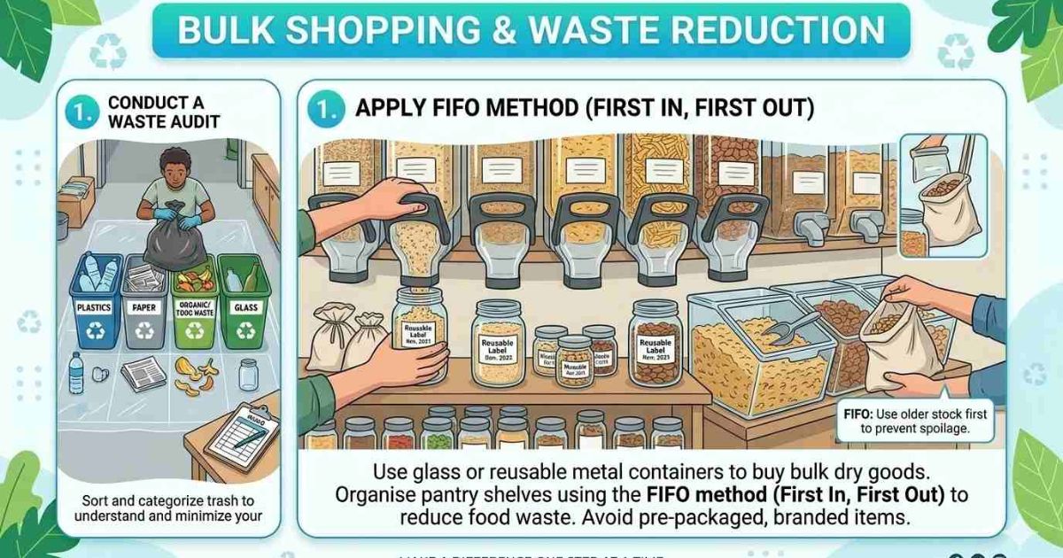 Bulk food shopping with glass jars and reusable containers showing FIFO method for food waste reduction