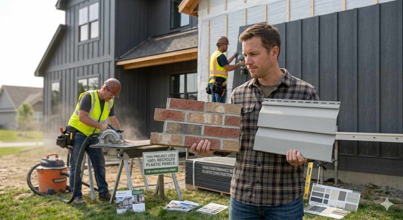 Homeowner holding and comparing different exterior wall material samples brick wood and vinyl
