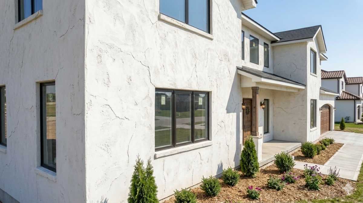 Homeowner comparing different exterior wall material types samples including brick wood and vinyl