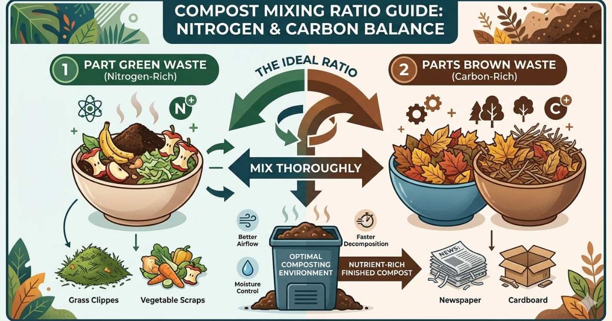 An infographic showing a 1:2 ratio of nitrogen-rich green waste like coffee grounds to carbon-rich brown waste like dried leaves.