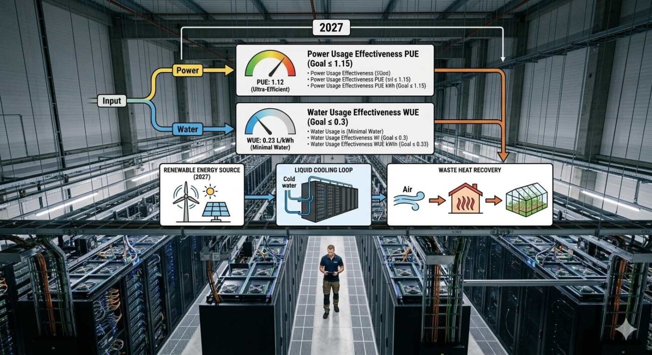 PUE and WUE metrics diagram for data center energy efficiency