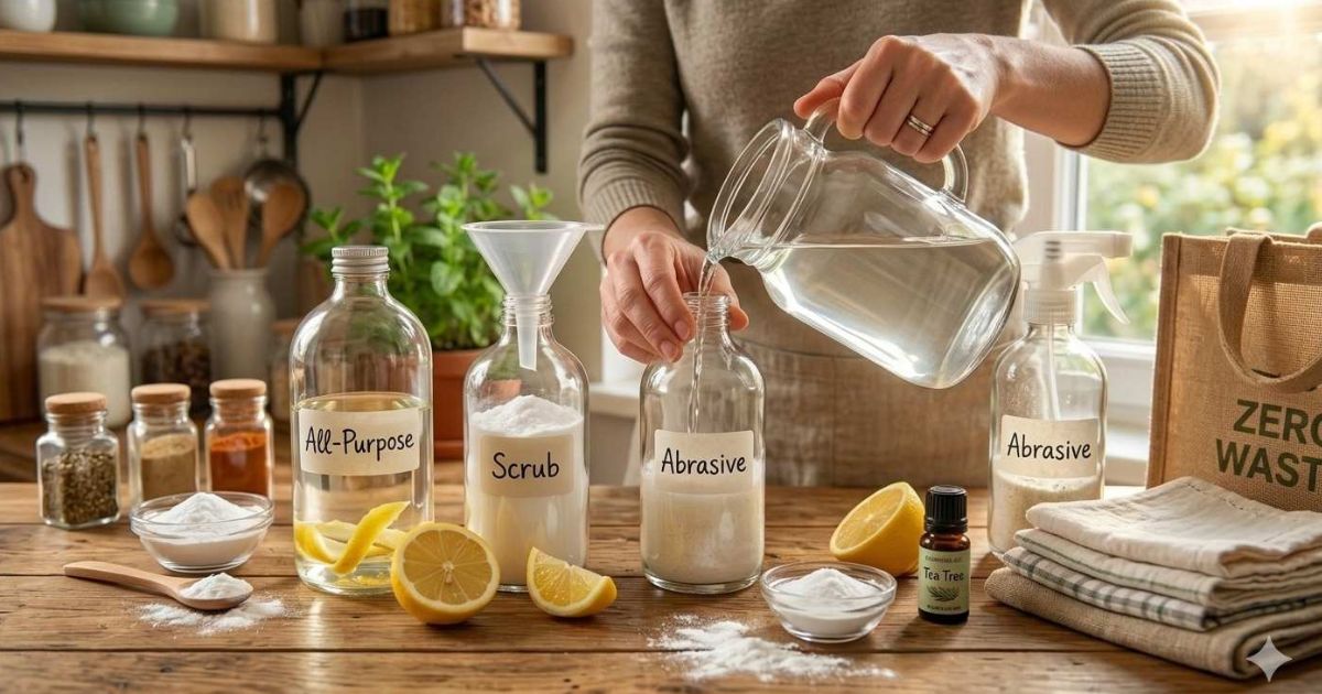 DIY natural cleaning products using vinegar, baking soda, and lemon in glass bottles