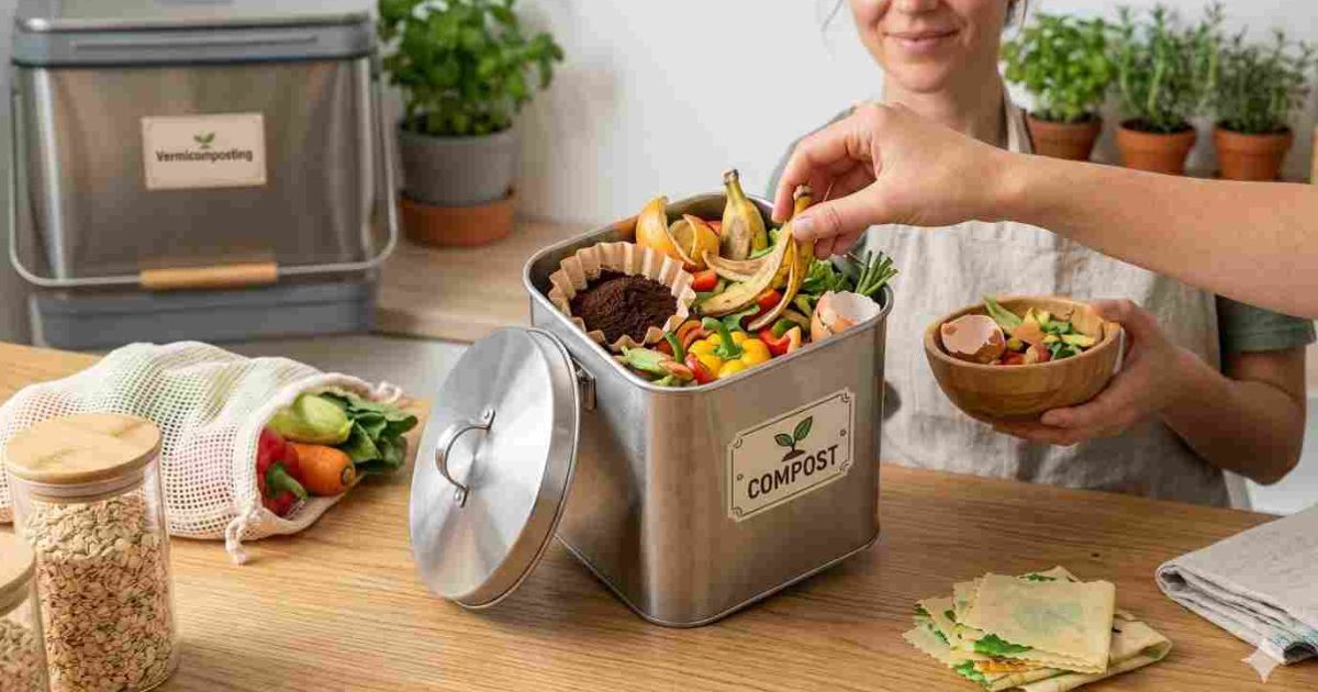Person making sustainable living choices with reusable products and recycling to reduce carbon footprint

