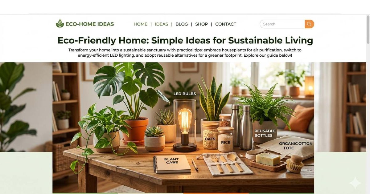 Eco-friendly home ideas with houseplants, LED bulbs, and reusable products on a wooden table