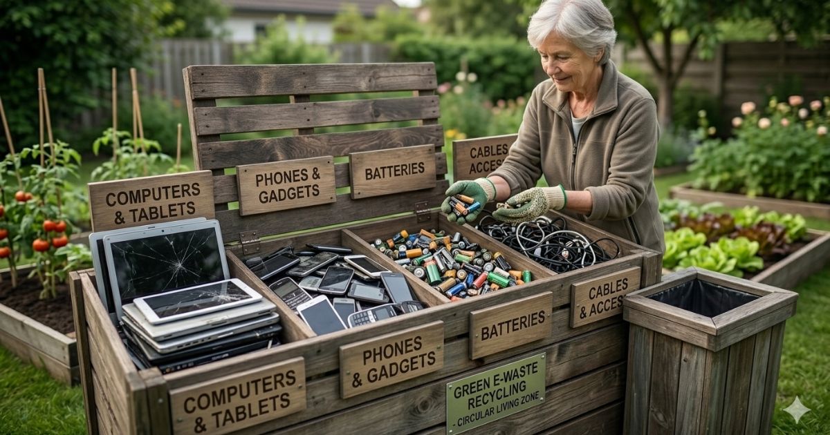  green e-waste recycling bin with old phones laptops and batteries