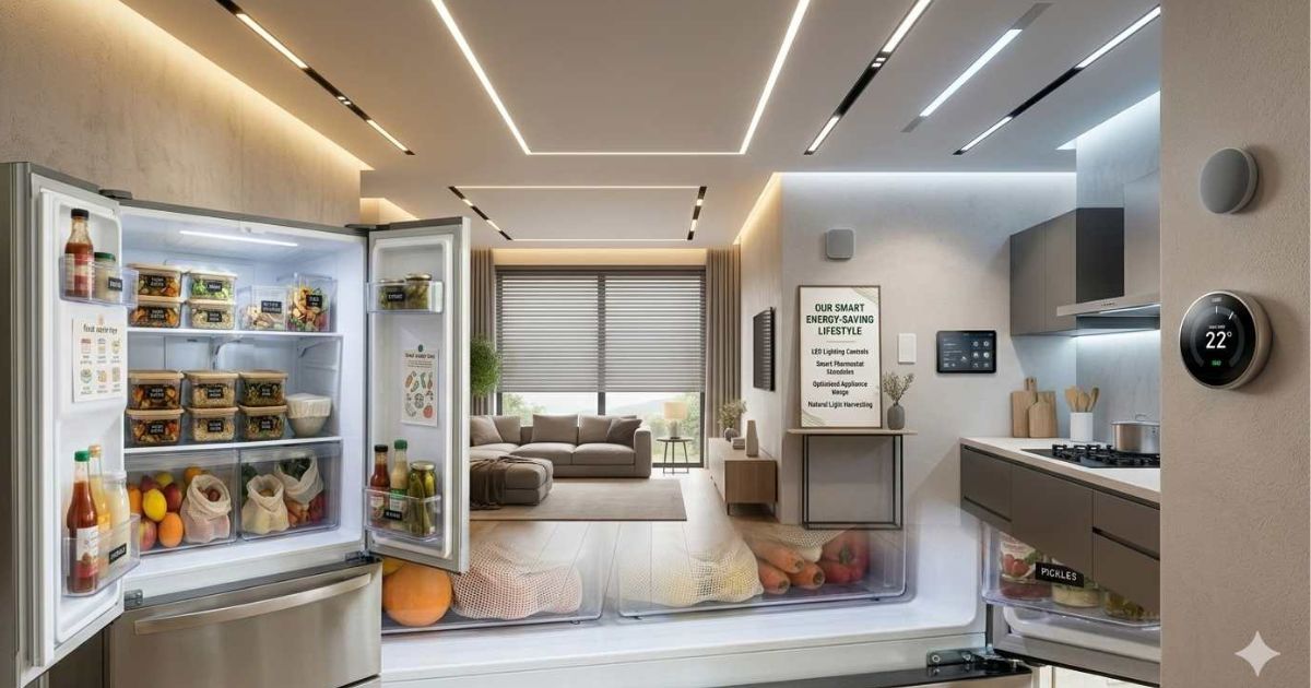 : Modern home with LED lights and smart thermostat for energy saving lifestyle