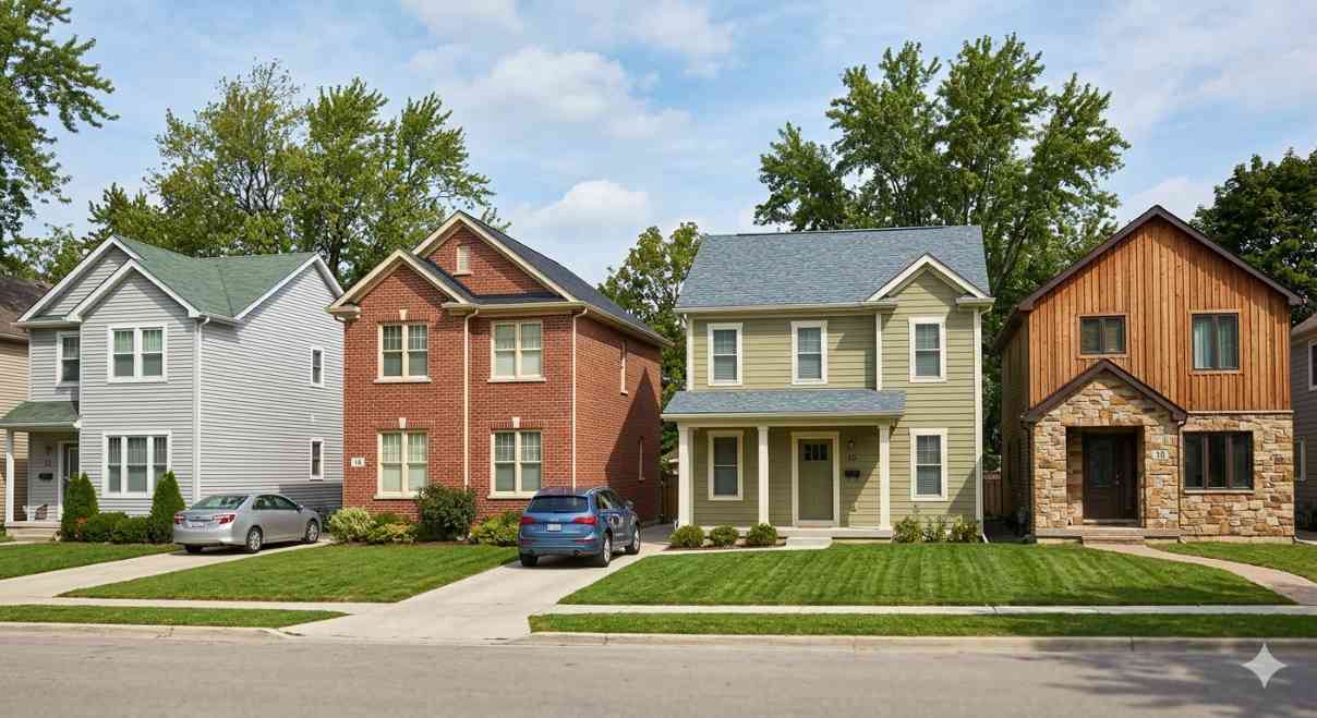 Comparison of exterior home materials vinyl brick fiber cement and wood siding on different house exteriors