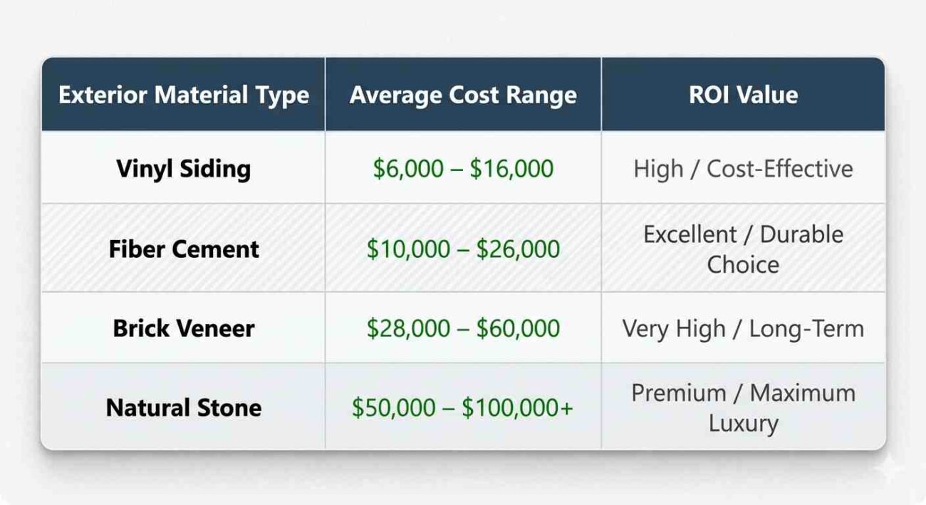 A clean, modern data table comparing different residential exterior materials based on cost and ROI value. The table features a dark blue header with white text, alternating light gray rows, and a subtle drop shadow.