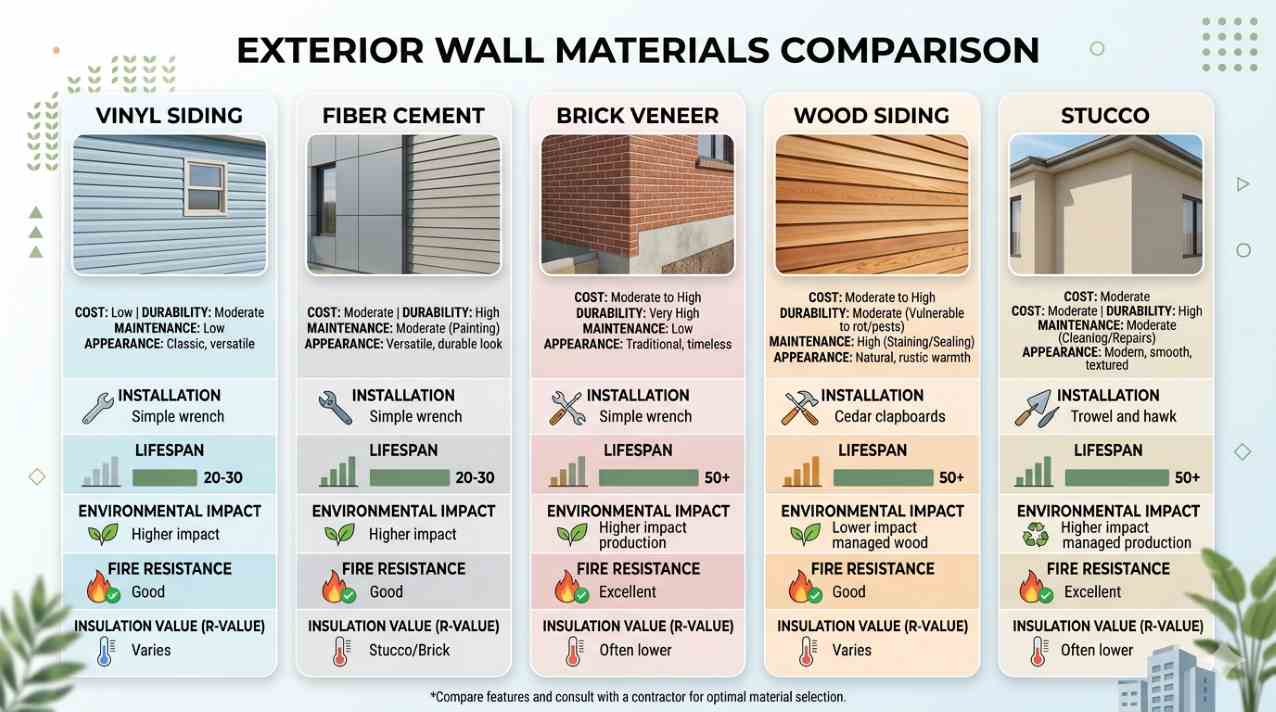 Five exterior wall material types comparison showing vinyl siding fiber cement brick veneer wood siding and stucco
