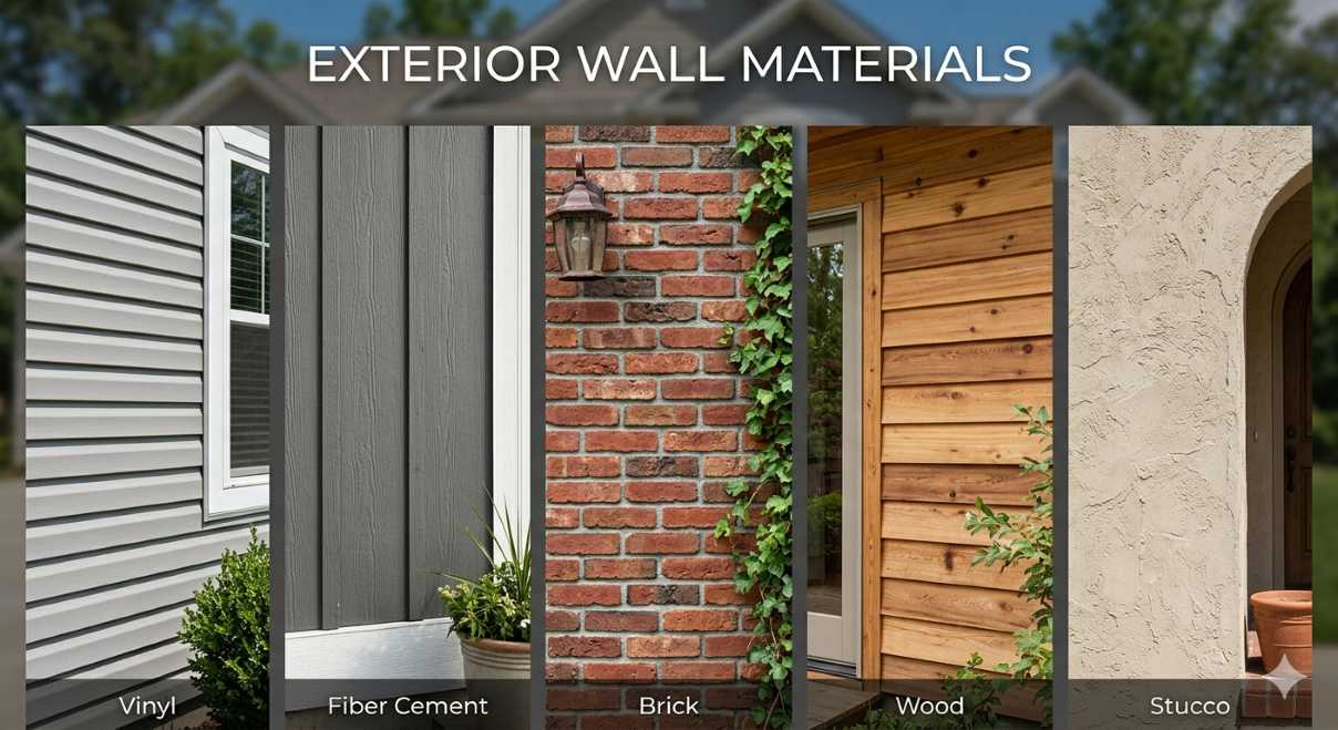 Collage of five exterior wall materials: vinyl siding fiber cement brick veneer wood siding and stucco