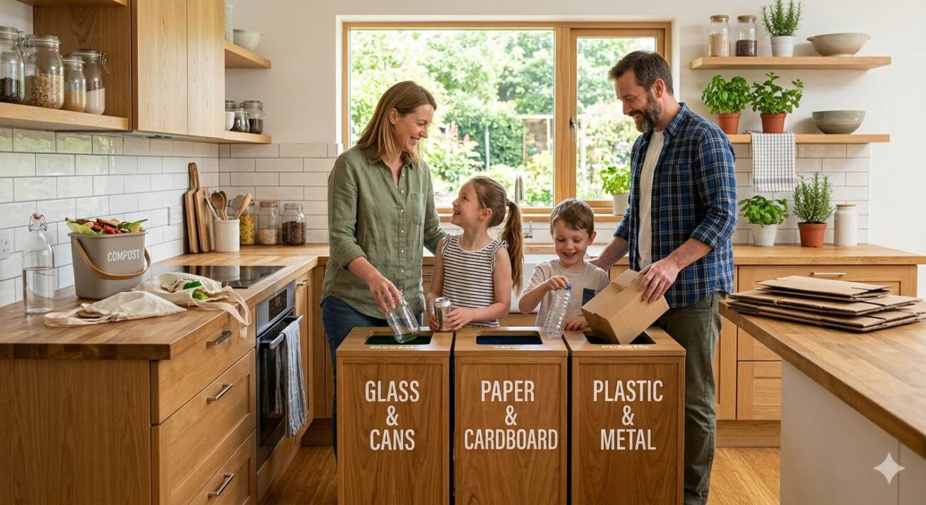 Family sorting recyclable household waste in a modern eco-friendly kitchen