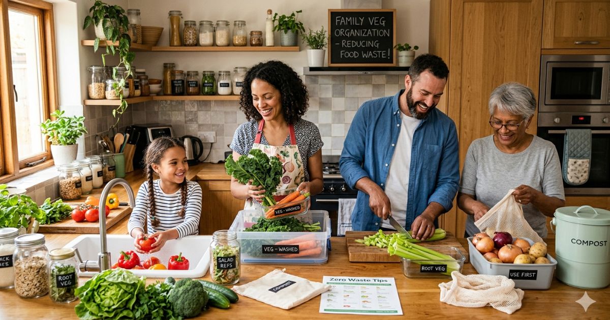 Family organizing fresh groceries and vegetables in a clean kitchen to reduce food waste at home