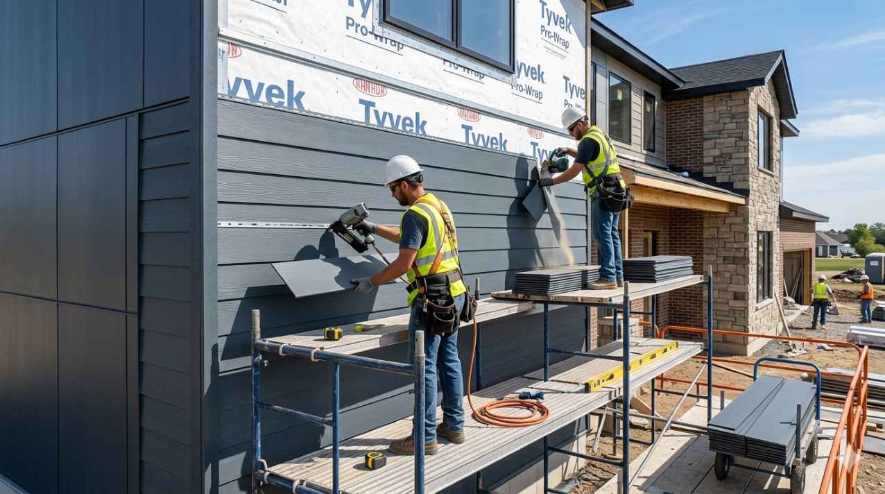 Fiber cement exterior wall material types being installed on a new residential home