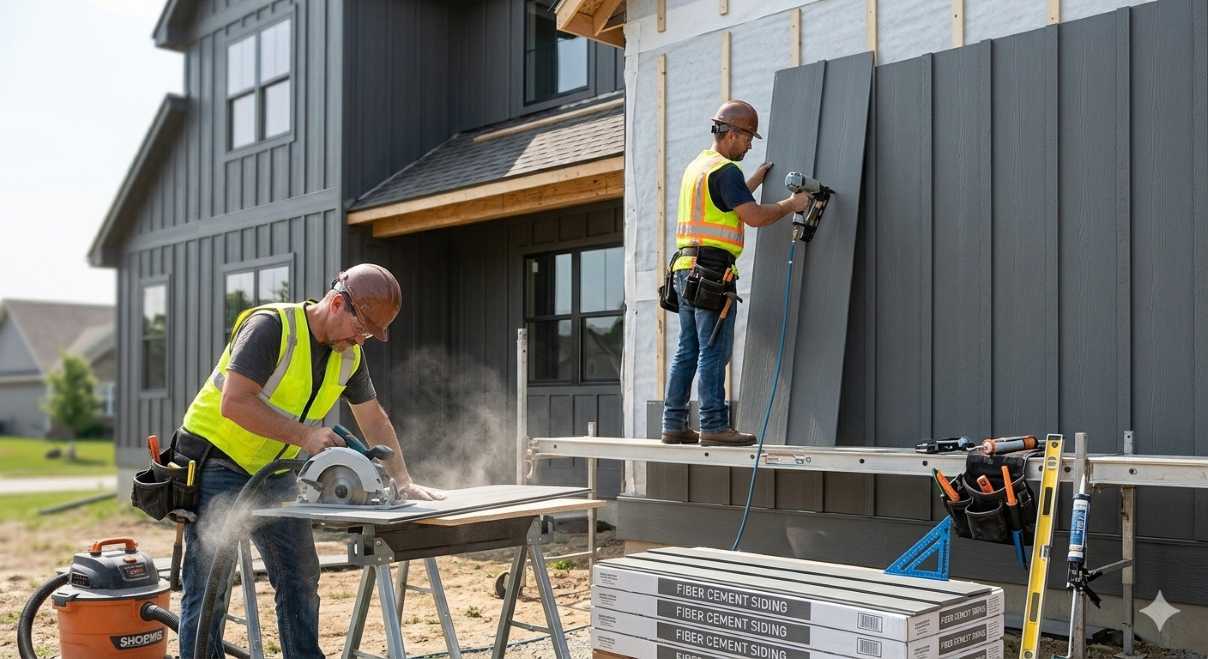 Contractor installing fiber cement exterior wall materials on a new home