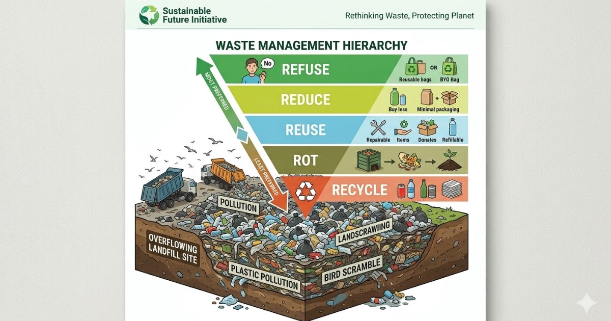 waste management hierarchy refuse reduce reuse rot recycle illustration
