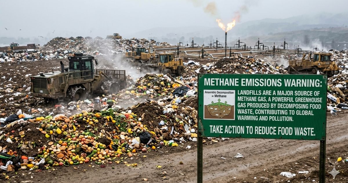 Food waste in landfill producing methane gas and contributing to environmental pollution