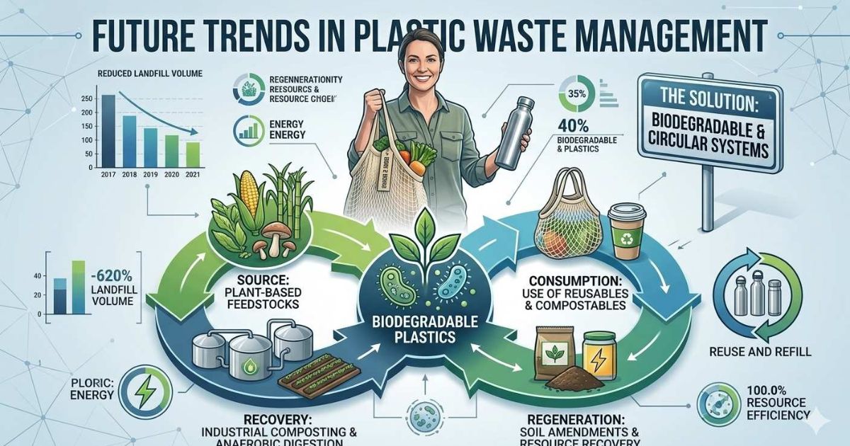 Future trends in plastic waste management showing biodegradable plastics and circular economy diagram with arrows