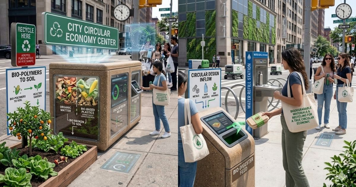 Future trends in plastic waste management showing biodegradable plastics and circular economy concept
