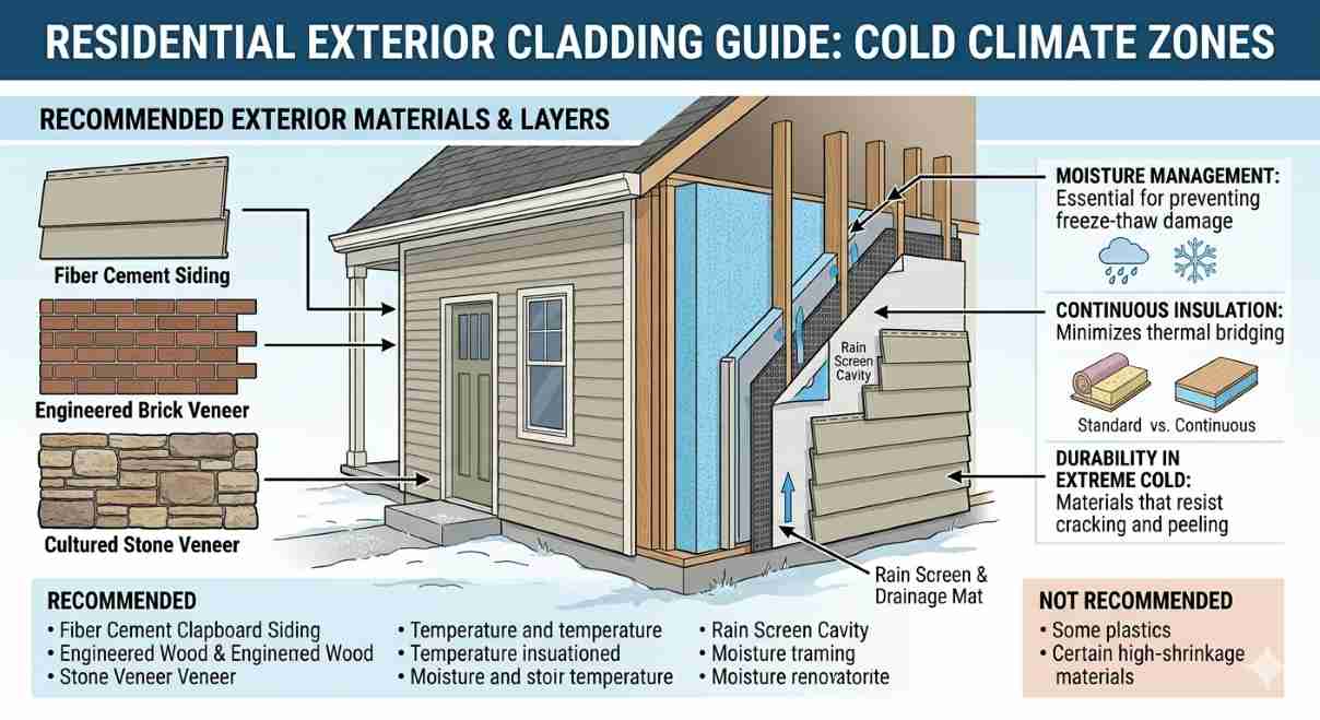 Map showing best exterior home materials for different climate zones including humid freeze-thaw dry and coastal regions