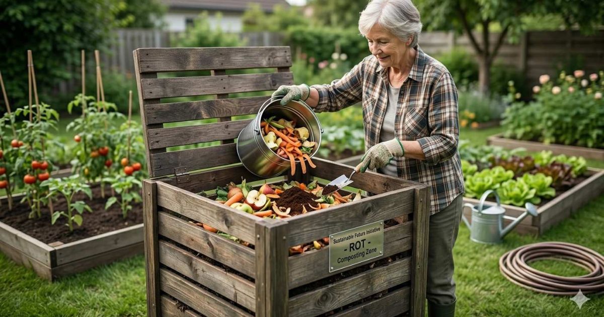 person adding vegetable scraps to wooden compost bin in backyard garden
