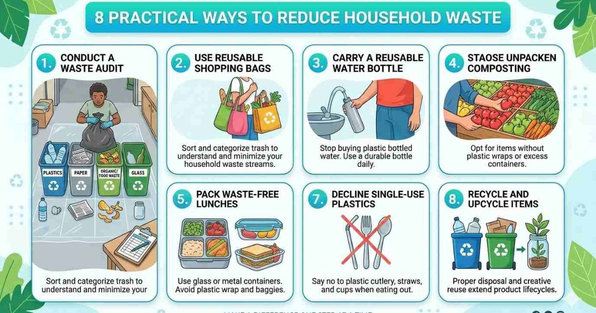 Person sorting household trash into plastic, paper, food waste, and glass categories for a waste audit