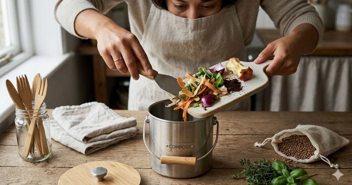 A small, modern ceramic compost bin on a kitchen counter filled with vegetable peels and eggshells, demonstrating easy indoor composting