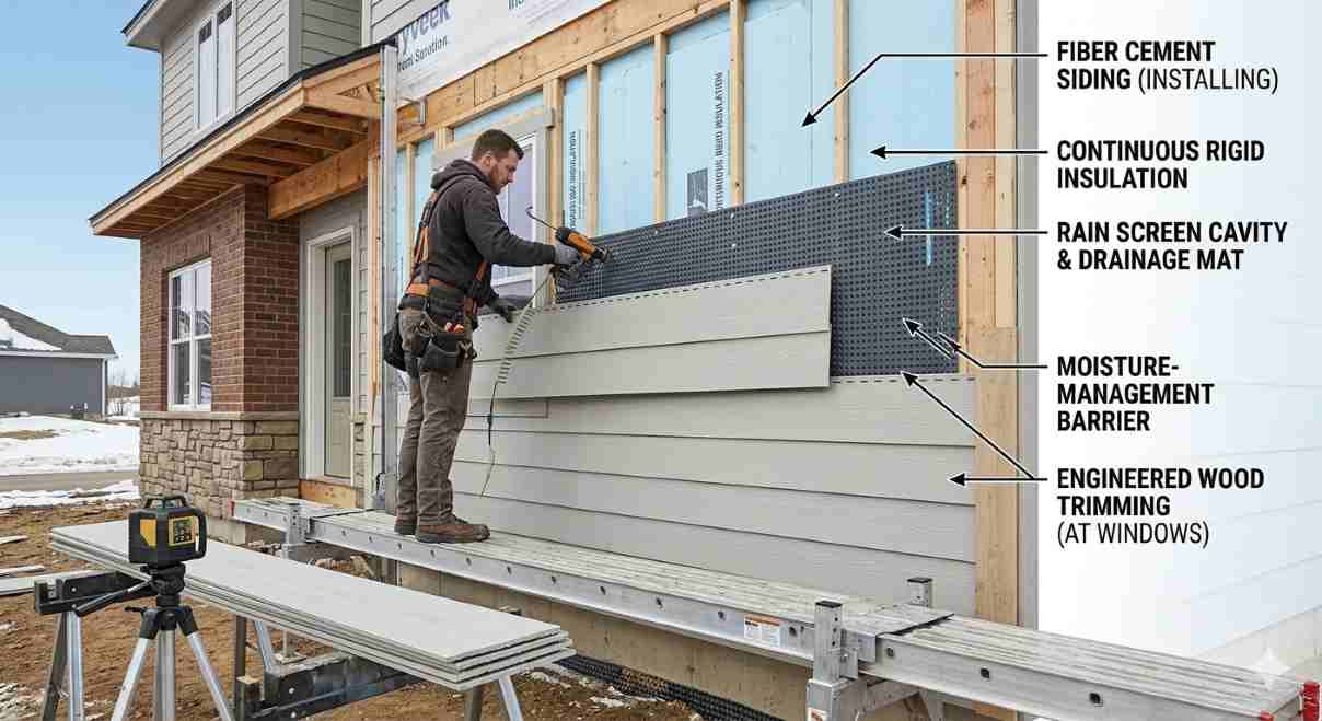 James Hardie fiber cement siding installation on a modern farmhouse home exterior